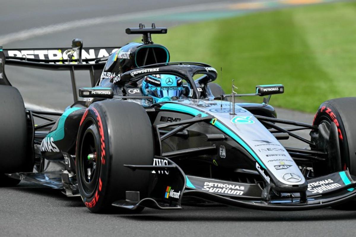 Mercedes' British driver George Russell drives during the third practice session of the Formula One Australian Grand Prix at the Albert Park Circuit in Melbourne on March 7, 2026.   Paul Crock / AFP