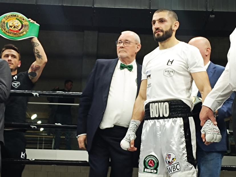 Belgian Hovo Martirosyan celebrates after winning the Intercontinental IBO title in the super-welterweights category during a fight at the Truiense Boksgala, in Sint-Truiden, Saturday 29 March 2025. BELGA PHOTO BERNARD CERF