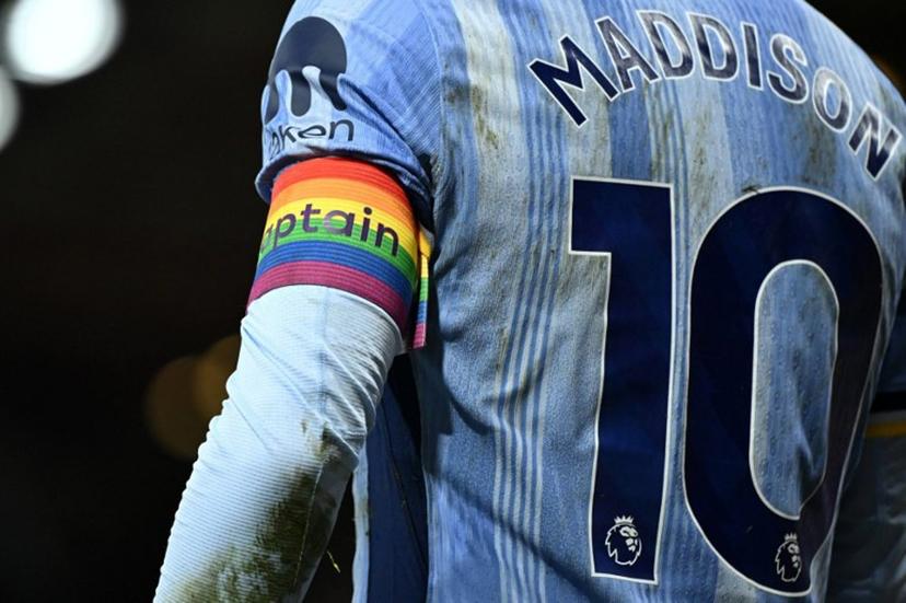Tottenham Hotspur's English midfielder #10 James Maddison wears the rainbow captains armband during the English Premier League football match between Bournemouth and Tottenham Hotspur at the Vitality Stadium in Bournemouth, southern England on December 05, 2024.  JUSTIN TALLIS / AFP