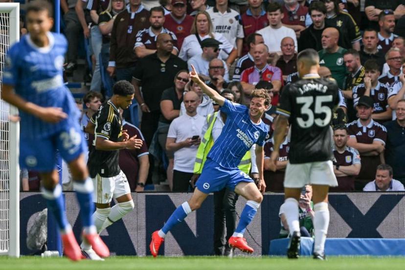 Brighton's Belgian defender #29 Maxim De Cuyper (C) celebrates after scoring the team's first goal during the English Premier League football match between Brighton and Hove Albion and Aston Villa at the American Express Community Stadium in Brighton, southern England on August 23, 2026.  Glyn KIRK / AFP