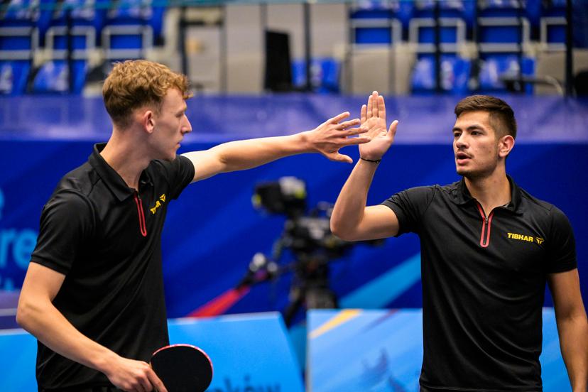 Table Tennis player Adrien Rassenfosse and Table Tennis player Martin Allegro react during a match in the Men's Team Quarterfinal between Belgium and Germany, in the Table Tennis competition at the European Games in Krakow, Poland on Thursday 29 June 2023. The 3rd European Games, informally known as Krakow-Malopolska 2023, is a scheduled international sporting event that will be held from 21 June to 02 July 2023 in Krakow and Malopolska, Poland. BELGA PHOTO LAURIE DIEFFEMBACQ
