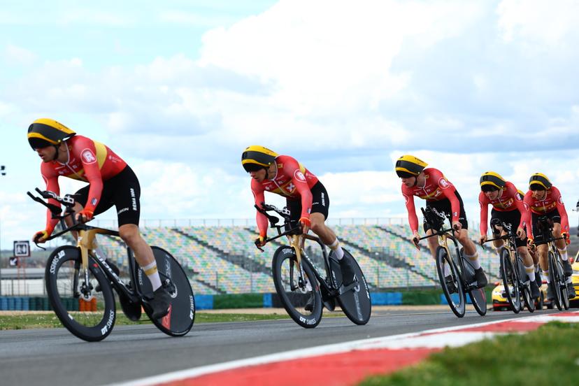 Uno-X Mobility riders pictured in action during stage three of the 83th edition of the Paris-Nice cycling race, a 28,4km team time trial at the Nevers Magny-Cours racetrack, in Nevers, France, Tuesday 11 March 2025. BELGA PHOTO DAVID PINTENS
