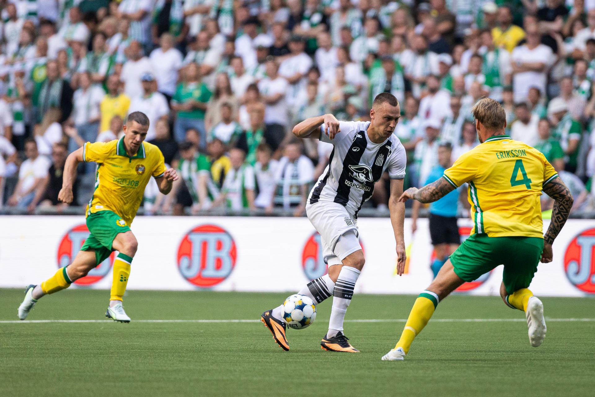 Nikola Å tuliÄ¿ of Charleroi against Victor Eriksson of Hammarby during a soccer game between Swedish soccer team Hammarby and Belgian soccer team Sporting Charleroi, in Stockholm, Wednesday 23 July 2025, in the second qualifying round (1st leg) of the 2025-2026 UEFA Europa League. BELGA PHOTO MICHAEL CAMPANELLA