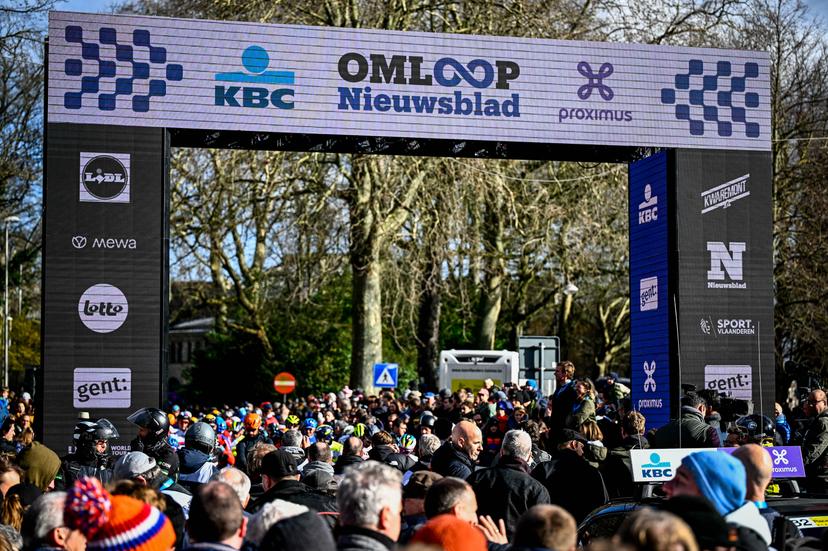 Illustration picture shows the start of the 78th edition of the men's one-day cycling race Omloop Het Nieuwsblad, 207,3 km from Gent to Ninove, Saturday 25 February 2023. BELGA PHOTO JASPER JACOBS