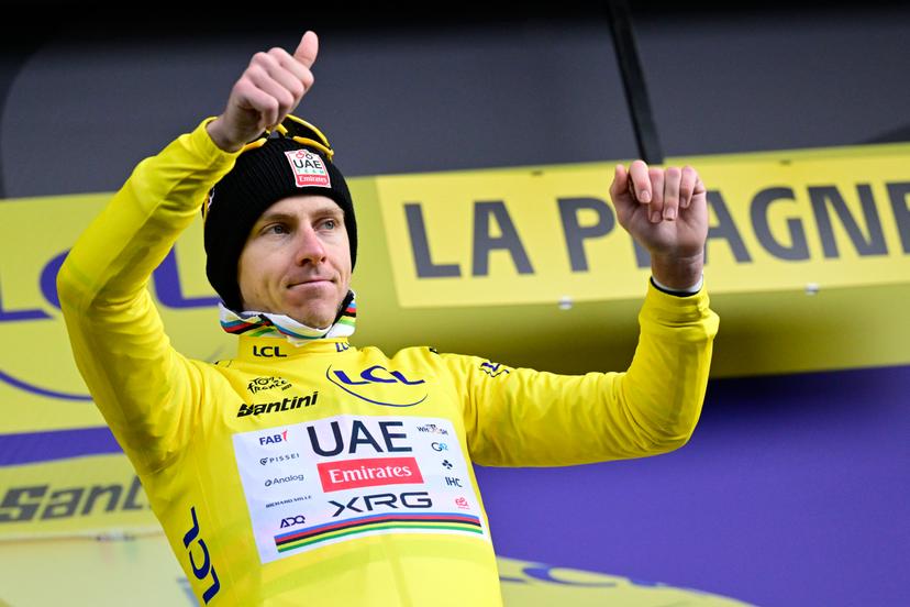 Slovenian Tadej Pogacar of UAE Team Emirates pictured on the podium after stage 19 of the 2025 Tour de France cycling race, from Albertville to La Plagne (130km), on Friday 25 July 2025 in France. The 112th edition of the Tour de France starts on Saturday 5 July in Lille, France, and will finish in Paris, France on the 27th of July.   BELGA PHOTO DIRK WAEM