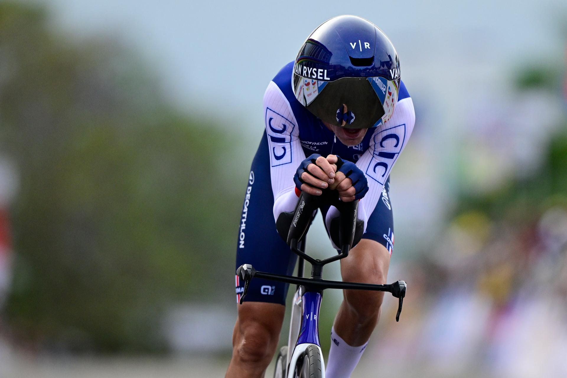 French Bruno Armirail crosses the finish line of the Men Elite Individual Time Trial race (40,8km) at the cycling road world championships, in Kigali, Rwanda, Sunday 21 September 2025. The 2025 UCI Road World Championships take place from 21 to 28 September in Kigali, Rwanda. BELGA PHOTO DIRK WAEM