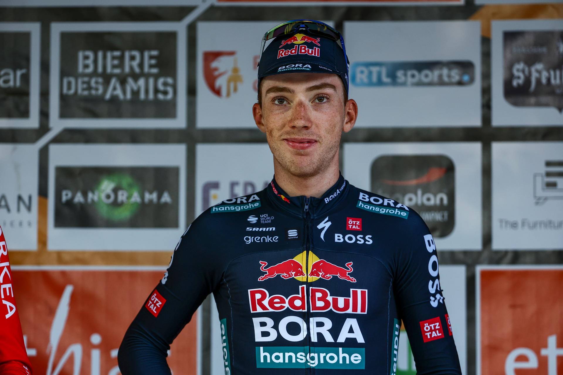 Spanish Roger Adria of Red Bull-Bora-Hansgrohe celebrates on the podium after winning the one day cycling race Grand Prix de Wallonie 2024 (202,3 km), from Blegny to the Citadelle de Namur, in Namur, on Wednesday 18 September 2024. BELGA PHOTO DAVID PINTENS