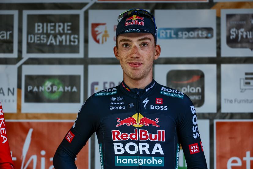 Spanish Roger Adria of Red Bull-Bora-Hansgrohe celebrates on the podium after winning the one day cycling race Grand Prix de Wallonie 2024 (202,3 km), from Blegny to the Citadelle de Namur, in Namur, on Wednesday 18 September 2024. BELGA PHOTO DAVID PINTENS