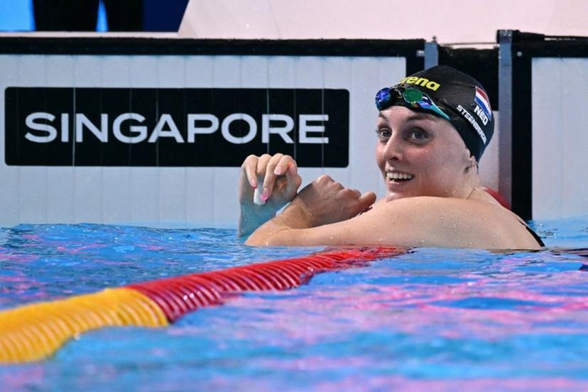 Netherlands' swimmer Marrit Steenbergen reacts after finishing first in a semi-final of the women's 100m freestyle swimming event during the 2025 World Aquatics Championships in Singapore on July 31, 2025.  Oli SCARFF / AFP