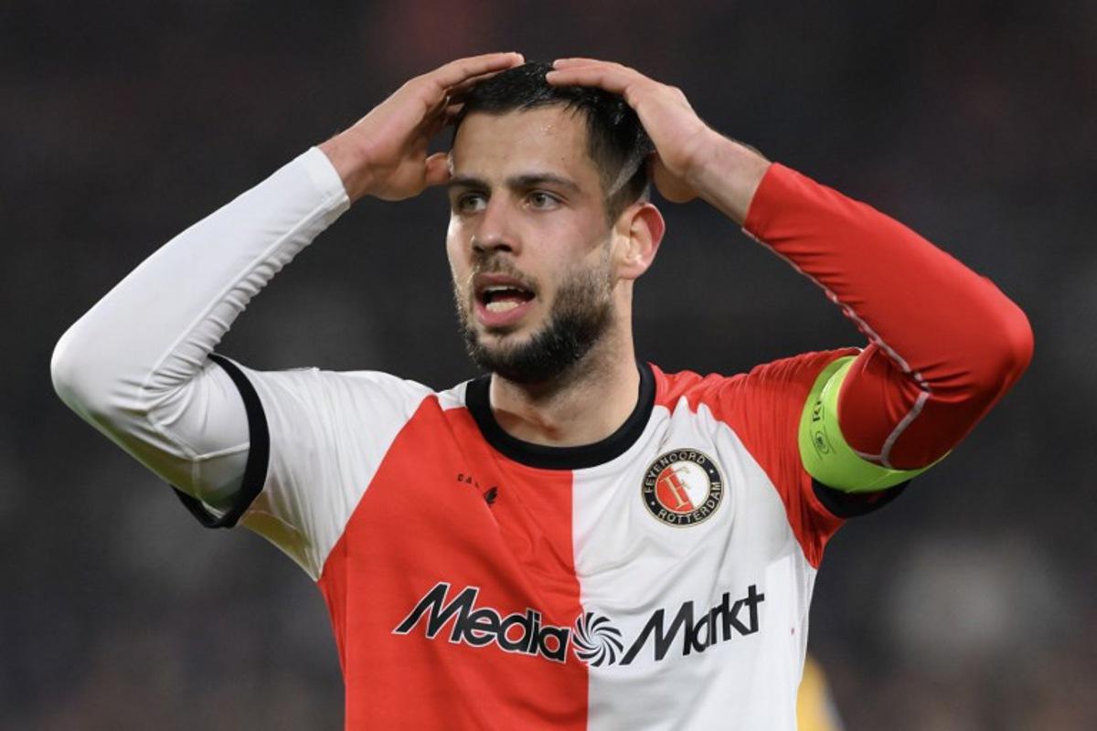 Feyenoord's Slovakian defender #33 David Hancko reacts during the UEFA Champions League round of 16 first leg football match between Feyenoord (NED) and Inter Milan (ITA) at the Feyenoord Stadium known as De Kuip stadium, in Rotterdam, on March 5, 2025.  JOHN THYS / AFP