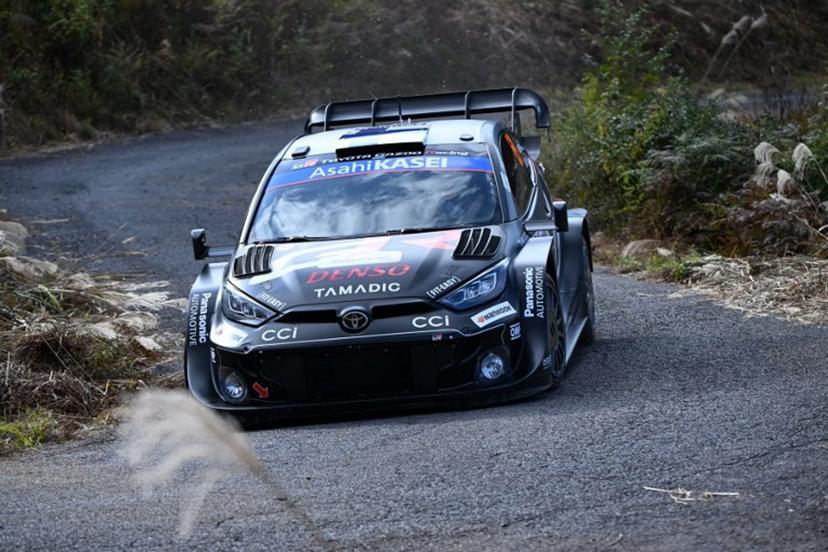 Kalle Rovanpera and his co-driver Jonne Halttiunen of Finland drive their Toyota GR Yaris Rally1 during the SS9 Ena section of the Rally Japan, the 13th round of FIA World Rally Championships, in Ena city, Gifu prefecture on November 8, 2025.  Toshifumi KITAMURA / AFP