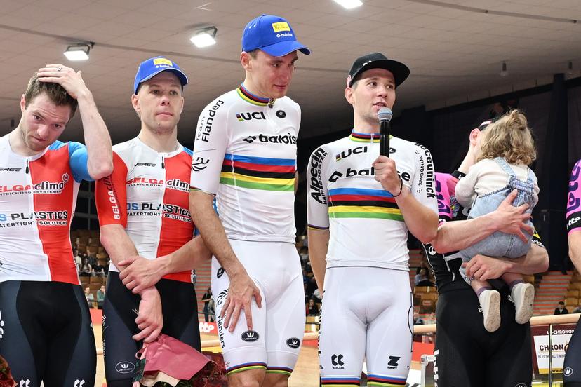 Dutch Yoeri Havik , Belgian Helene Hesters, Belgian Lindsay De Vylder and Belgian Fabio Van Den Bossche are pictured on the podium after the last day of the Zesdaagse Vlaanderen-Gent six-day indoor track cycling event at the indoor cycling arena 't Kuipke, Sunday 23 November 2025, in Gent. BELGA PHOTO MAARTEN STRAETEMANS