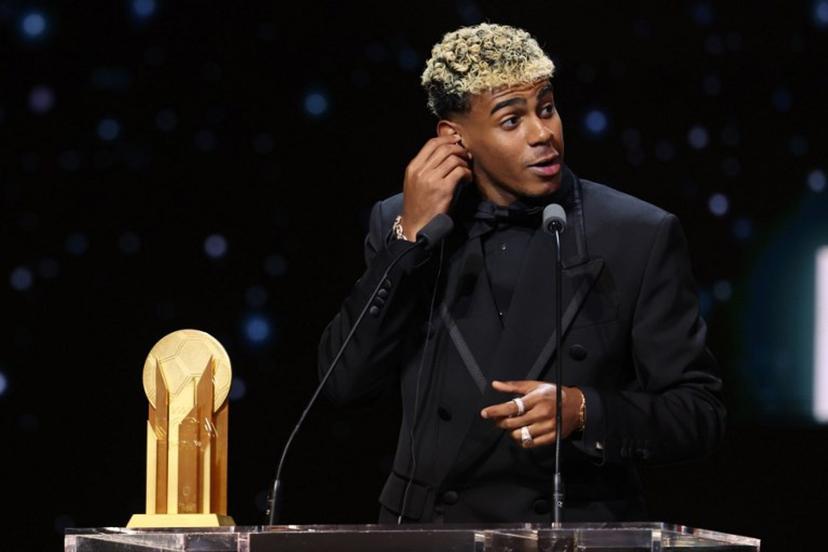 Barcelona's Spanish forward Lamine Yamal speaks after receiving the Kopa Trophy for the best under-21 player during the 2025 Ballon d'Or France Football award ceremony at the Theatre du Chatelet in Paris on September 22, 2025.  Franck FIFE / AFP