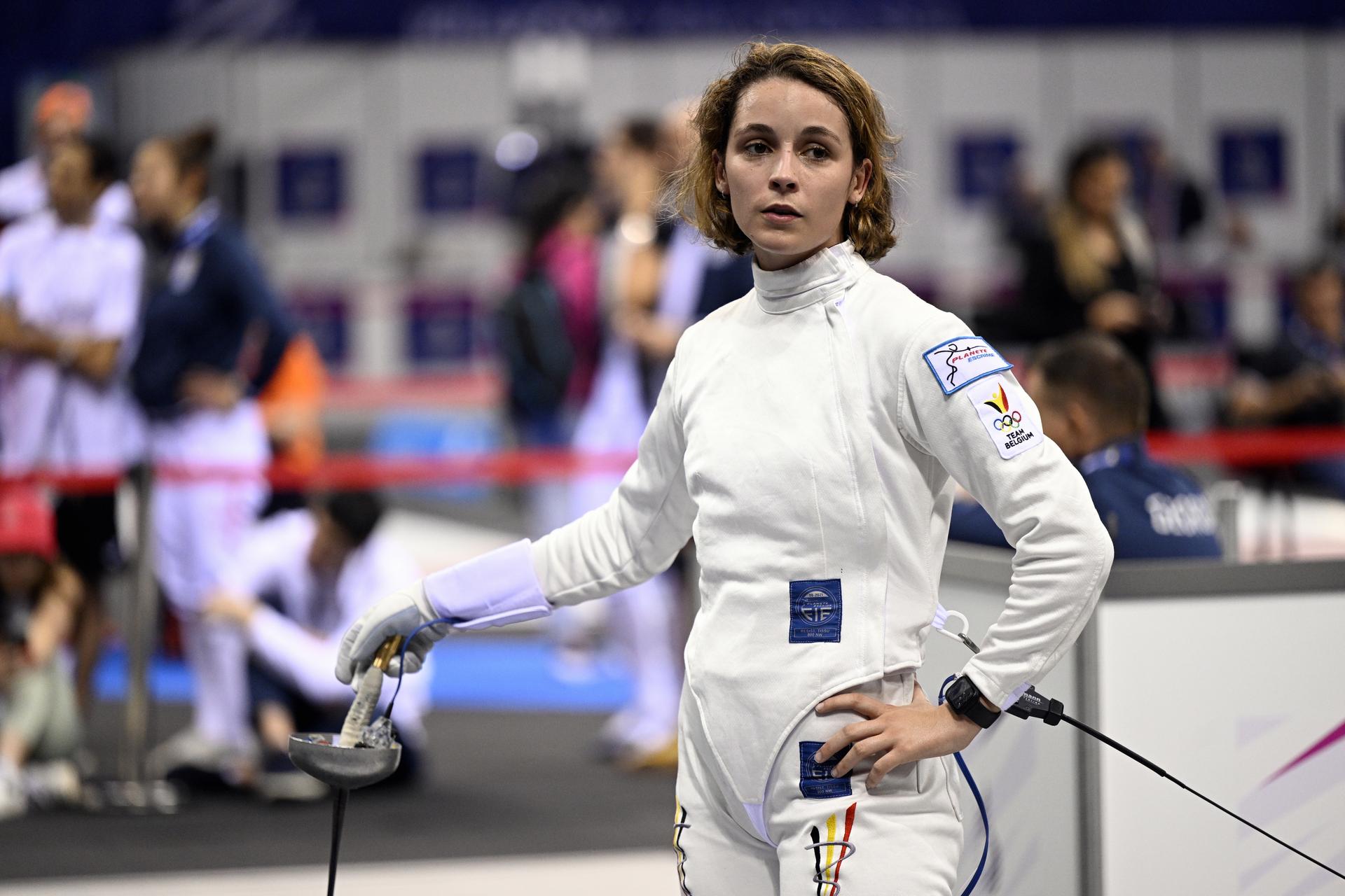 Fencing Athlete Aube Vandingenen reacts during a fight in the women's epee competition, at the European Games in Krakow, Poland on Monday 26 June 2023. The 3rd European Games, informally known as Krakow-Malopolska 2023, is a scheduled international sporting event that will be held from 21 June to 02 July 2023 in Krakow and Malopolska, Poland. BELGA PHOTO LAURIE DIEFFEMBACQ