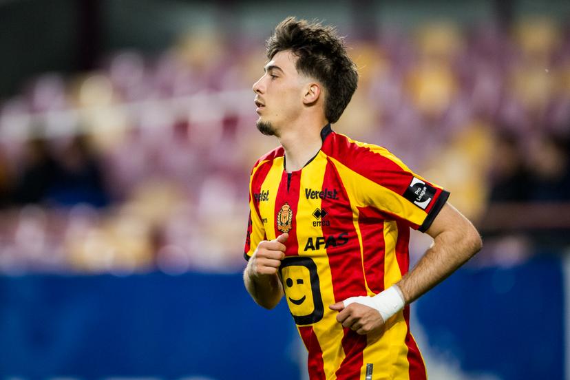 Mechelen's Keano Kiki Vanrafelghem pictured in action during a soccer match between KV Mechelen and KVC Westerlo, Tuesday 22 April 2025 in Mechelen, on day 5 (out of 10) of the Europe Play-offs of the 2024-2025 'Jupiler Pro League' first division of the Belgian championship. BELGA PHOTO JASPER JACOBS