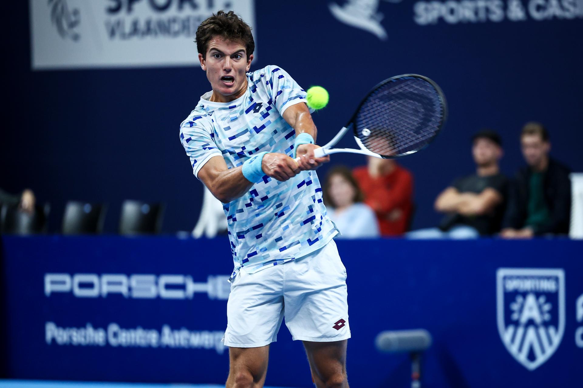 Belgian Gilles-Arnaud Bailly pictured in action during a tennis match in the round of 32 of the singles competition at the ATP European Open Tennis tournament in Antwerp, Wednesday 16 October 2024. BELGA PHOTO DAVID PINTENS