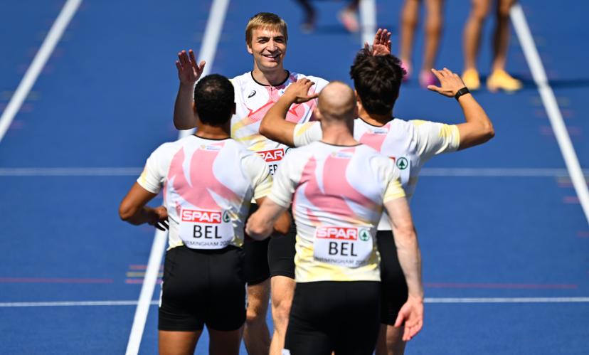 Belgian Emiel Botterman; Belgian Antoine Snyders; Belgium's Cédric Verschueren and Belgium's Amine Kasmi celebrate after the first round of the men's 4x100m relay race, on the seventh day of the European Athletics Championships (August 10-18) in Birmingham, United Kingdom, on Saturday 15 August 2026. BELGA PHOTO ERIC LALMAND