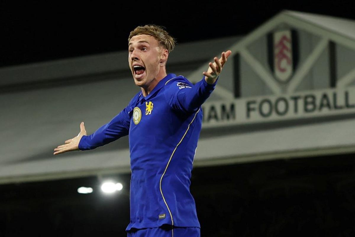 Chelsea's English midfielder #10 Cole Palmer appeals for a corner during the English Premier League football match between Fulham and Chelsea at Craven Cottage in London on August 24, 2026.  Adrian DENNIS / AFP