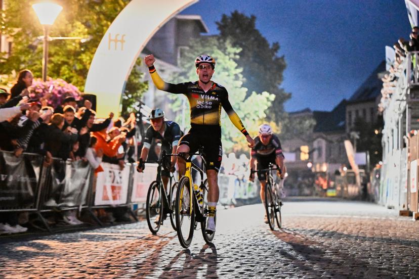 Belgian Wout van Aert of Team Visma-Lease a Bike and pictured crossing the finish line of the 'Natourcriterium Herentals' cycling race, Thursday 31 July 2025 in Herentals. The contest is a part of the traditional 'criteriums', local races in which mainly cyclists who rode the Tour de France compete. BELGA PHOTO TOM GOYVAERTS