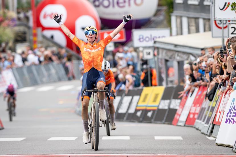 Dutch Femke Markus of SD Worx-Protime celebrates as she crosses the finish line to win the UEC Gravel European Championships in Houffalize (138 km), on Sunday 30 August 2026. BELGA PHOTO DAVID PINTENS