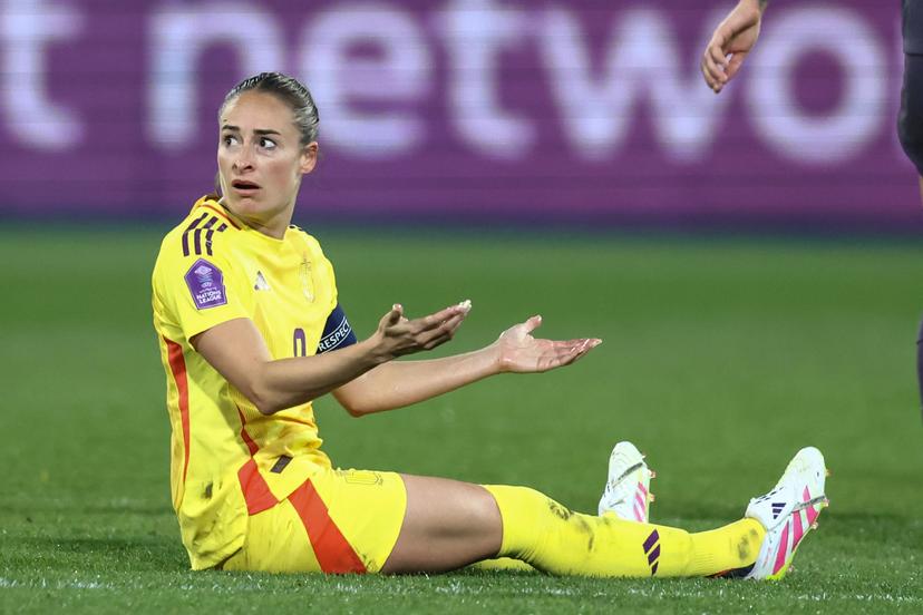Belgium's Tessa Wullaert reacts during a soccer game between the national teams of Belgium (Red Flames) and England, on the fourth matchday in group A3 of the 2024-25 Women's Nations League competition, on Tuesday 08 April 2025 in Heverlee, Leuven. BELGA PHOTO BRUNO FAHY
