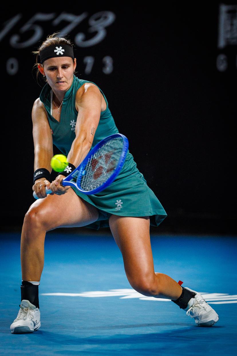 Belgian Greet Minnen pictured in action during a tennis match between Belgian Minnen and Australian Aiava, in the first round of the women's singles at the 'Australian Open' Grand Slam tennis tournament, Monday 13 January 2025 in Melbourne Park, Melbourne, Australia. The 2025 edition of the Australian Grand Slam takes place from January 12th to January 26th. Greet Minnen has lost 7-5, 5-7, 6-7. BELGA PHOTO PATRICK HAMILTON