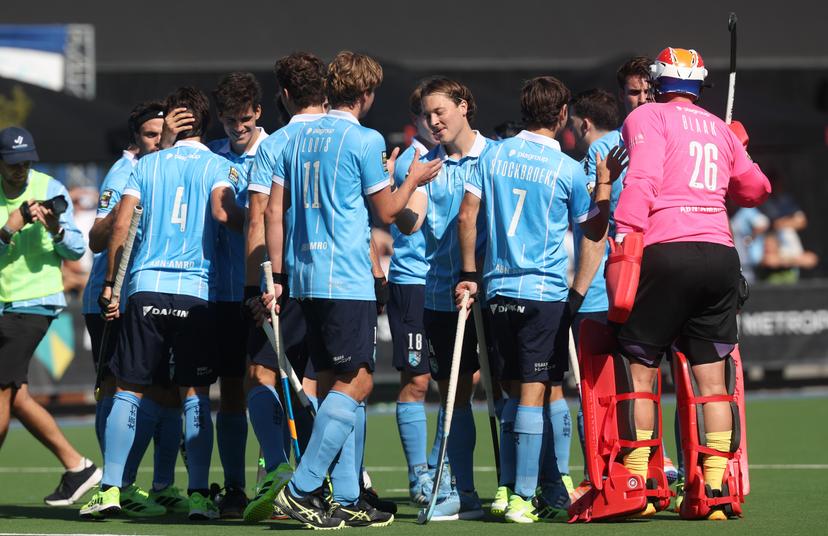 Braxgata's players pictured at the start of a hockey game between Braxgata and Waterloo Ducks, Saturday 06 September 2025 in Boom, on day 1 of the Belgian Men Hockey League season 2025-2026. BELGA PHOTO VIRGINIE LEFOUR