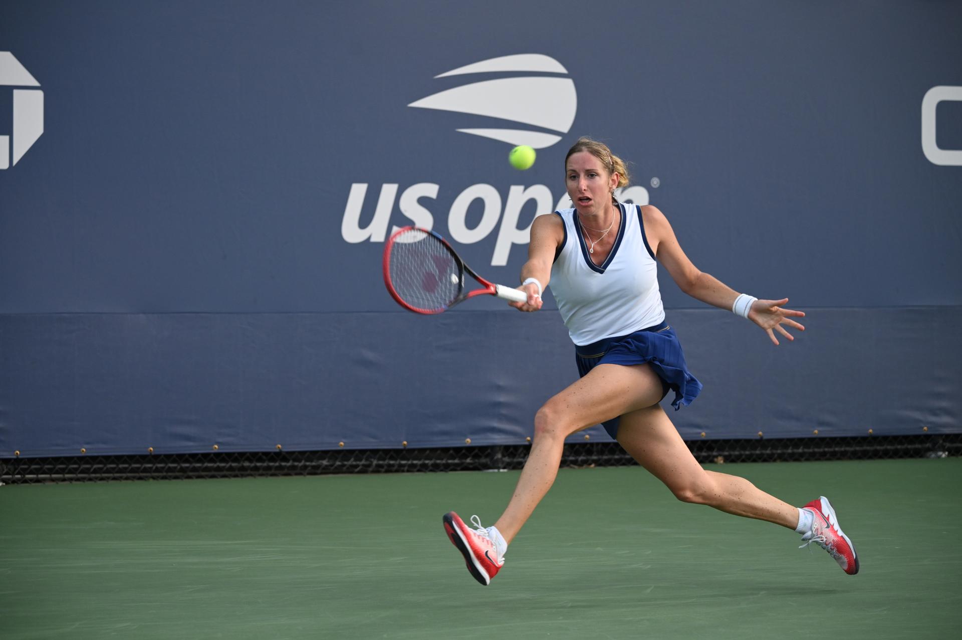 Magali Kempen pictured in action during a tennis match against Spanish Bolsova, in the Women's Qualifying Round at the 2023 US Open Grand Slam tennis tournament, at Flushing Meadow, New York City, USA, Tuesday 22 August 2023. BELGA PHOTO TONY BEHAR
