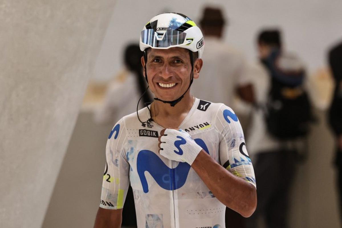 Movistar Team's Colombian rider Nairo Quintana Rojas arrives at the Zayed National Museum ahead of the seventh and final stage of the UAE Tour cycling event from Zayed National Museum to Abu Dhabi Breakwater in Abu Dhabi on February 22, 2026.  Fadel SENNA / AFP