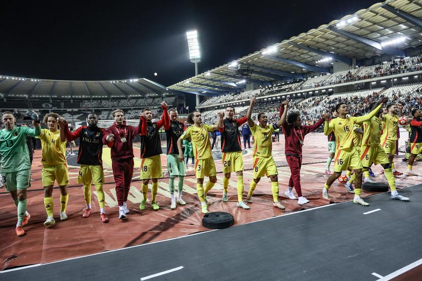 Belgium's players celebrate after winning a soccer game between Belgian national team Red Devils and Wales, Monday 09 June 2025 in Bussels, the second (out of 8) qualification games for the World Cup 2026. BELGA PHOTO BRUNO FAHY
