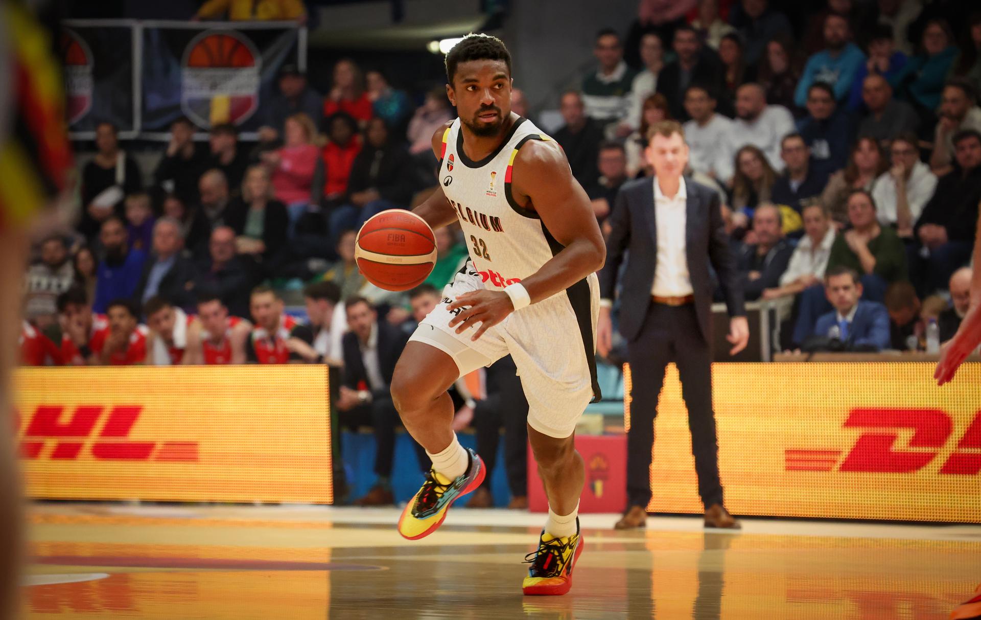 Belgium's Retin Obasohan fights for the ball during a basketball match between Belgian national team Belgian Lions and Hungary, Monday 01 December 2025 in Mons, qualifier 2/6 for the men's 2027 FIBA World Championships. BELGA PHOTO VIRGINIE LEFOUR