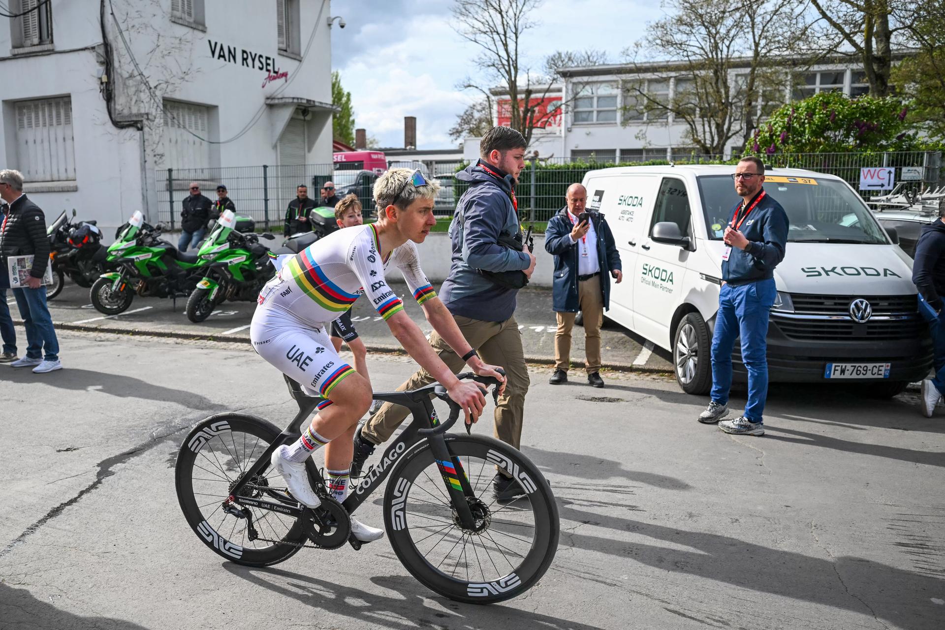 Slovenian Tadej Pogacar of UAE Team Emirates-XRG pictured after the men's Paris-Roubaix cycling race, Sunday 12 April 2026, around Roubaix, France. The 123rd edition of Paris-Roubaix cycling races will take on Sunday, with the women riding 143,1 km the men riding 258,3 km on Sunday. BELGA PHOTO POOL ETIENNE GARNIER