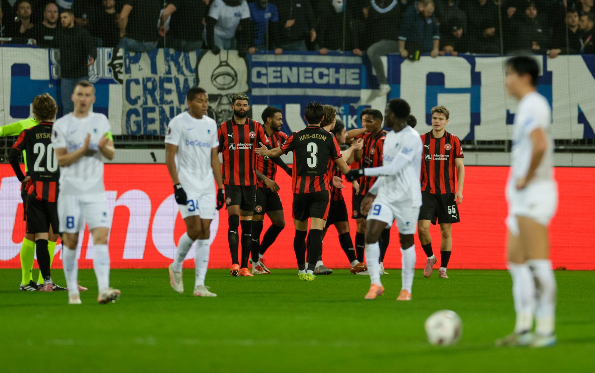 Midtjylland's Cho Gue-sung celebrates after scoring during a soccer game between Danish FC Midtjylland and Belgian KRC Genk, on Thursday 11 December 2025 in Herning, Denmark, on the sixth game (out of 8) in the league phase of the UEFA Europa League competition. BELGA PHOTO LEON GONZALES