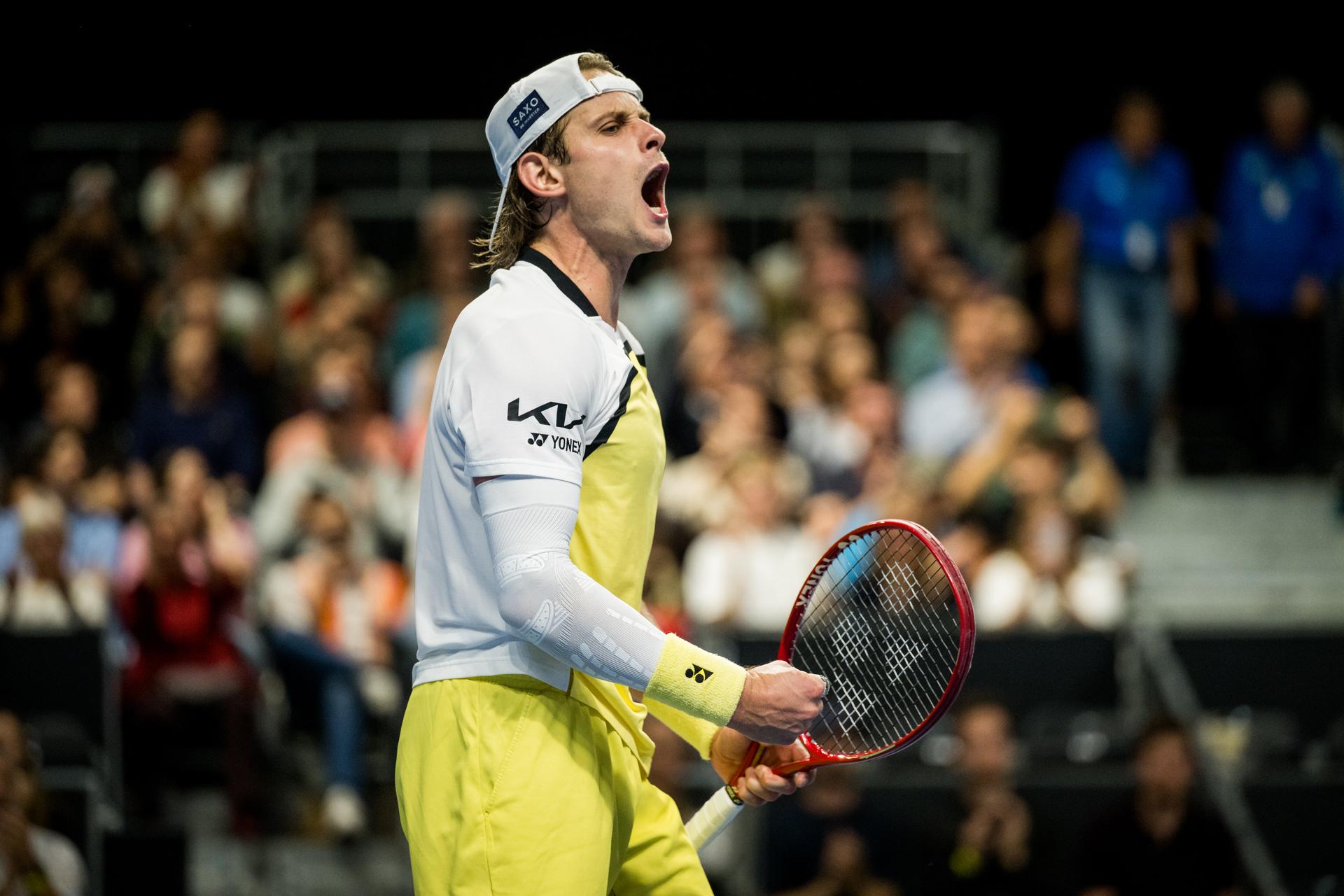 Zizou Bergs of Belgium celebrates after winning the European Open ATP tennis tournament in Brussels, on Thursday 22 October. This year's edition of the tournament is taking place from 17 to 25 October BELGA PHOTO JASPER JACOBS
