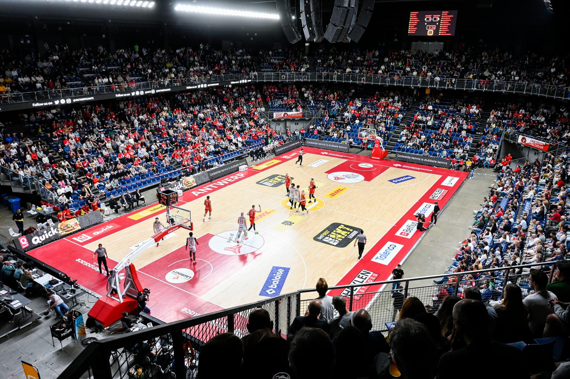 Illustration picture shows a full Lotto Arena stadium during a basketball match between Antwerp Giants and BC Oostende, Thursday 25 May 2023 in Antwerp, game 3 in the best-of-five finals of the 'BNXT League' Belgian first division basket championship. BELGA PHOTO TOM GOYVAERTS