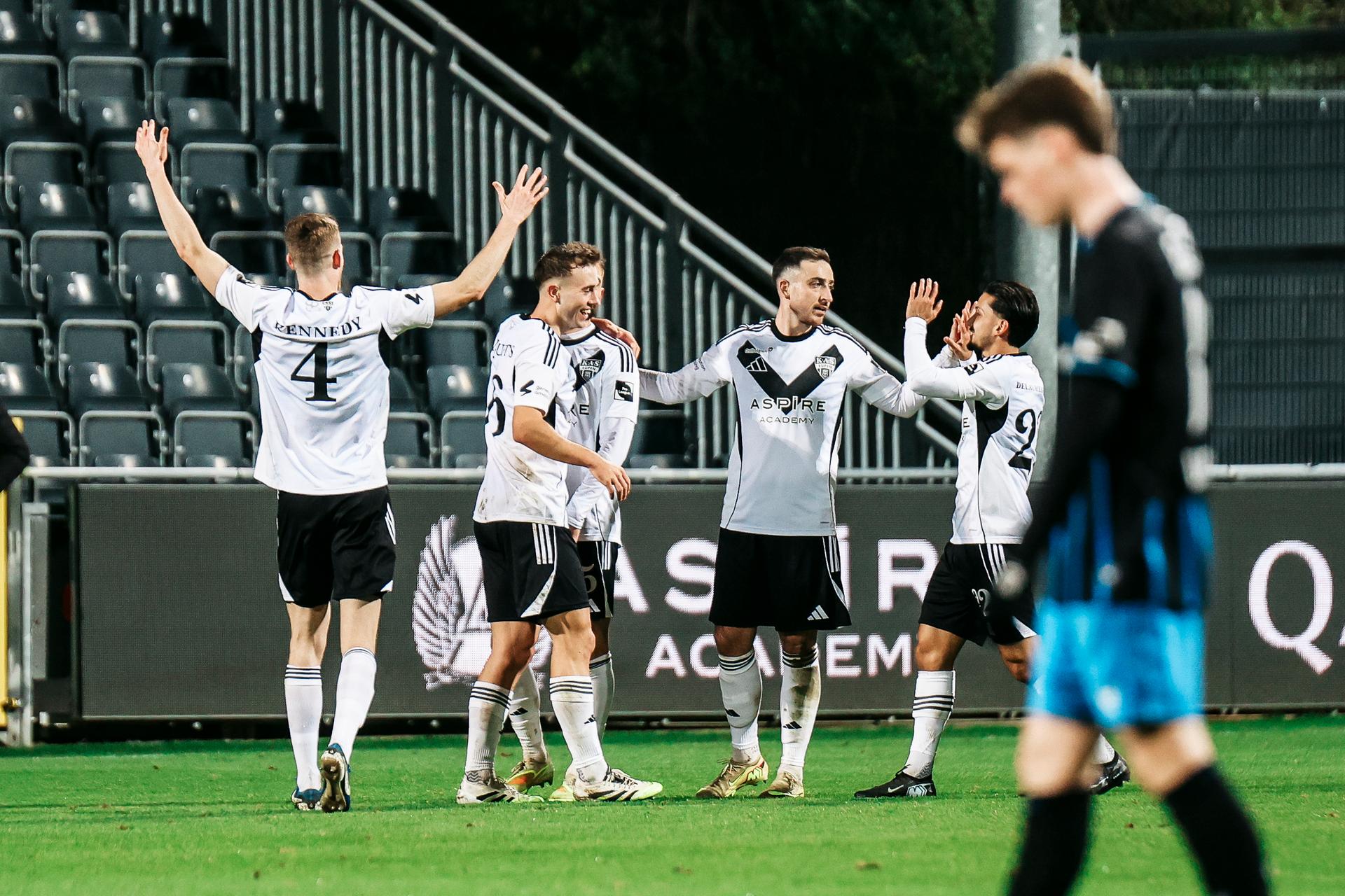 Eupen's Nicolas Gavory celebrates after scoring the 2-1 goal during a soccer game between KAS Eupen and Club NXT, Sunday 14 December 2025 in Eupen, on day 17 of the 2025-2026 'Challenger Pro League' 1B second division of the Belgian championship. BELGA PHOTO NATACHA FREISEN