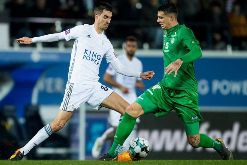 OHL's Tom Van Hyfte and Lommel's Mitja Krizan fight for the ball during a soccer match between OH Leuven and Lommel SK, Saturday 08 February 2020 in Oud-Heverlee, Leuven, on day 25 of the 'Proximus League' 1B division of the Belgian soccer championship. BELGA PHOTO JASPER JACOBS