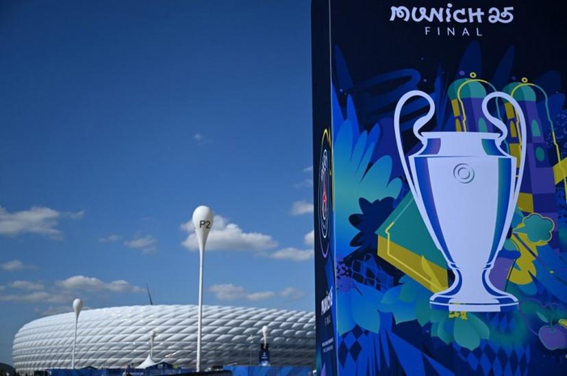 A placard is seen outside the Allianz Arena Stadium on the eve of the UEFA Champions League final football match between Inter Milan and Paris Saint-Germain (PSG) in Munich, southern Germany on May 30, 2025.   Kirill KUDRYAVTSEV / AFP