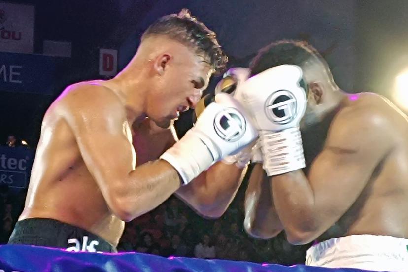 Belgian boxers Lee Ingelrest and Sadaam Moamed Da Silva Caetano fight for the Belgian championship in the light heavyweight category, Saturday 15 June 2024 in Oostende. BELGA PHOTO BERNARD CERF