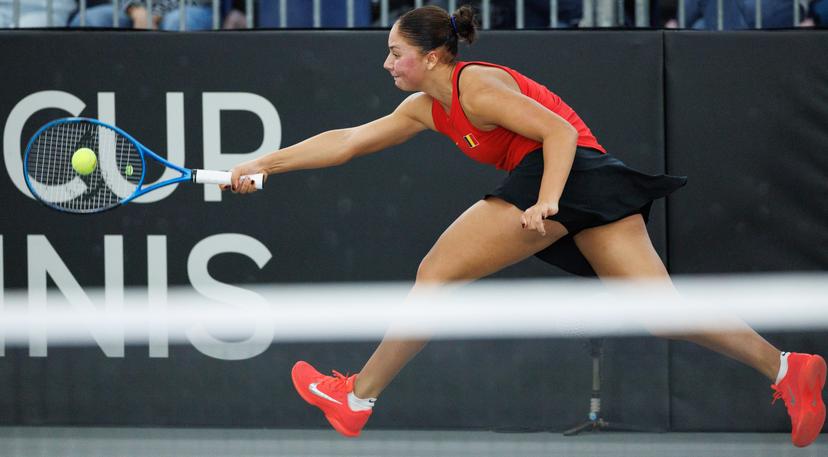 Belgian Sofia Costoulas pictured during the first game between Belgian Costoulas and Turkish Aksu in the Billie Jean King Cup Play-offs, between Belgium and Turkey, on Saturday 15 November 2025 in Ismaning, Germany. PHOTO BENOIT DOPPAGNE