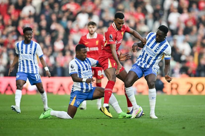 Liverpool's Dutch midfielder #38 Ryan Gravenberch (C) fights for the ball with Brighton's Ecuadorian defender #30 Pervis Estupinan (L) and Brighton's English striker #18 Danny Welbeck (R) during the English Premier League football match between Brighton and Hove Albion and Liverpool at the American Express Community Stadium in Brighton, southern England on May 19, 2025.  Glyn KIRK / AFP