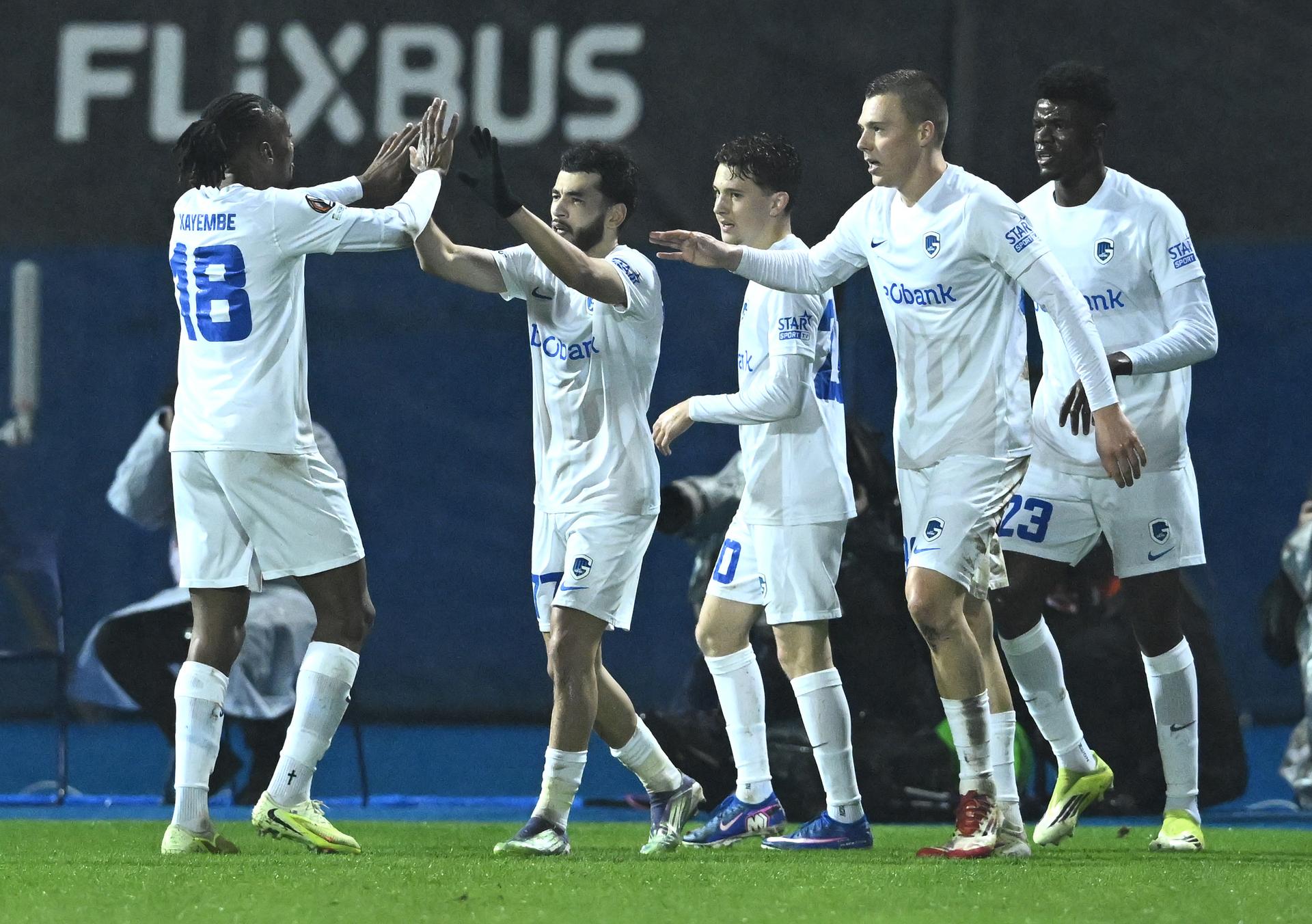 Genk's players celebrate after scoring during a soccer game between GNK Dinamo Zagreb and Belgian soccer team KRC Genk, Thursday 19 February 2026 in Zagreb, Croatia, in the play-off for the knockout phase of the UEFA Europa League tournament. BENELUX ONLY BELGA PHOTO MARKO LUKUNIC