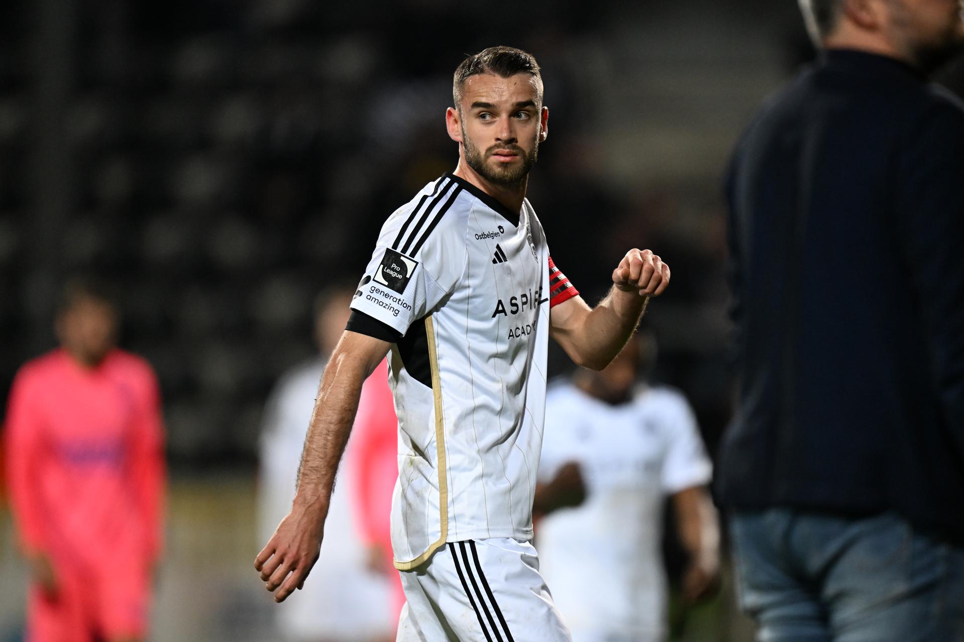 Eupen's Boris Lambert reacts during a soccer match between KAS Eupen and Sporting Charleroi, Friday 26 April 2024 in Eupen, on day 4 (out of 6) of the 2023-2024 'Jupiler Pro League - Relegation Play-offs. BELGA PHOTO JOHN THYS