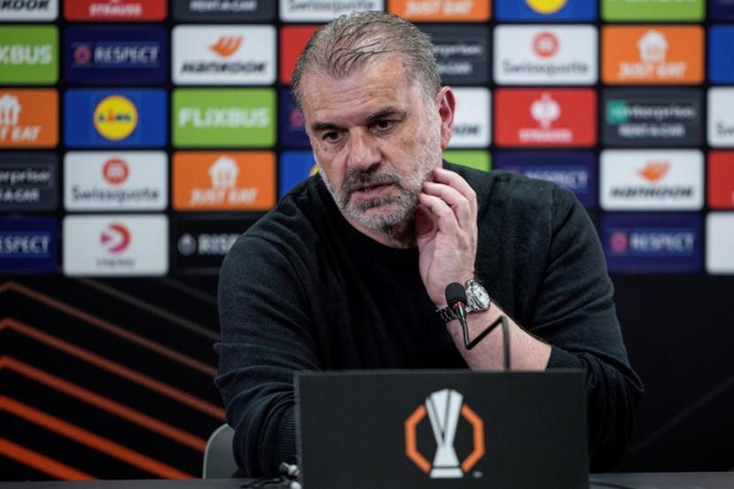 Tottenham Hotspur's Greek-Australian head coach Ange Postecoglou addresses a press conference after his team's 5-1 aggregate victory during the UEFA Europa League semi-final second leg football match between Bodoe/Glimt and Tottenham Hotspur in Bodoe, Norway on May 8, 2025.  Stian Lysberg Solum / NTB / AFP