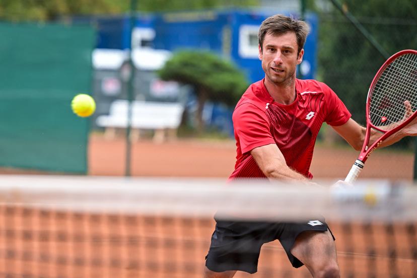 Belgian Sander Gille is pictured in action during a training practice at the 'WAC Wiener Athletic Club' stadium, in preparation of the Davis Cup quelifiers between Belgium and Austria, in Vienna, on Thursday 17 September 2026.  BELGA PHOTO DAVID PINTENS