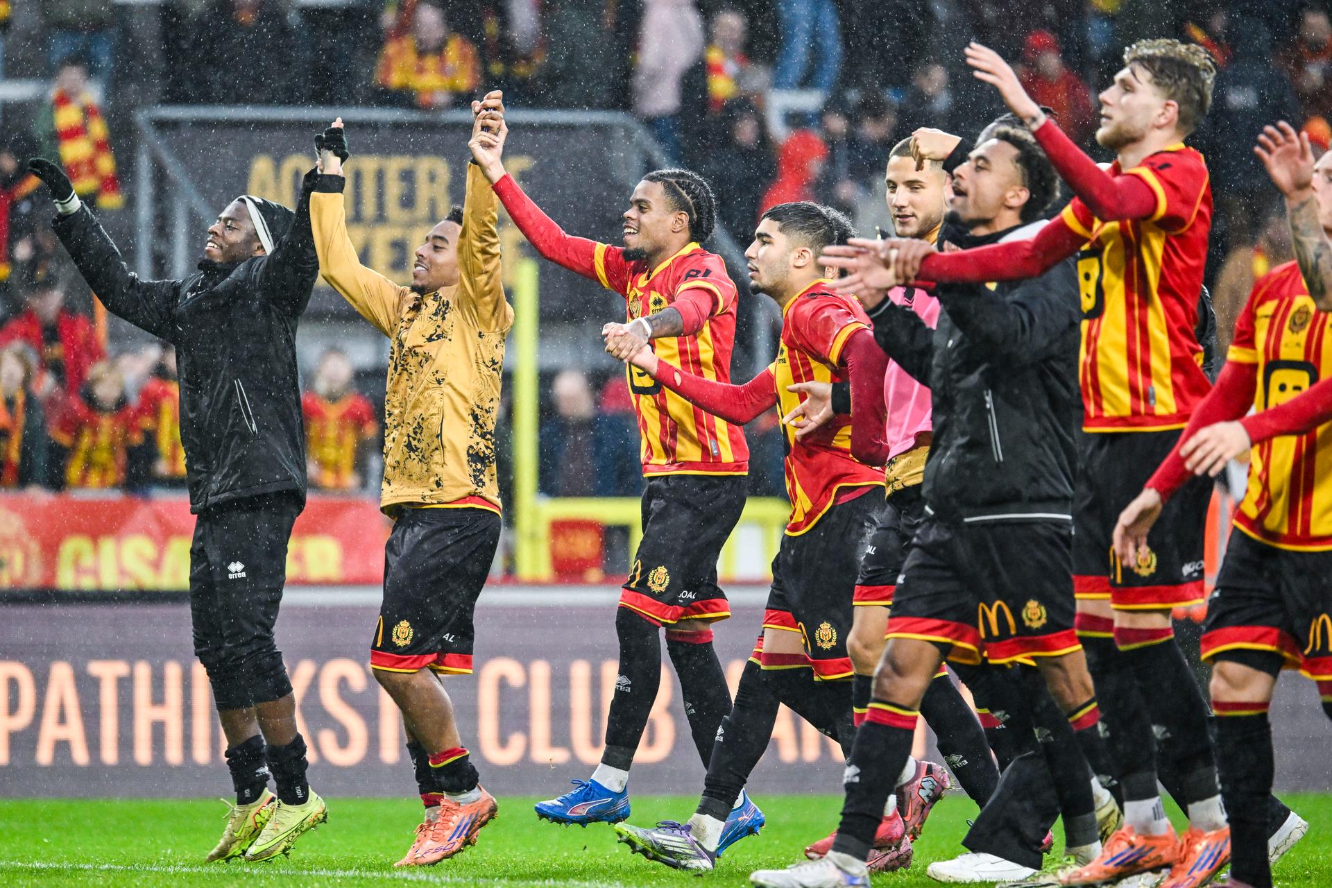 Mechelen's Therence Koudou and Mechelen's Moncef Zekri celebrate after winning a soccer match between KV Mechelen and Sporting Charleroi, Sunday 07 December 2025 in Mechelen, on day 17 of the 2025-2026 'Jupiler Pro League' first division of the Belgian championship. BELGA PHOTO TOM GOYVAERTS