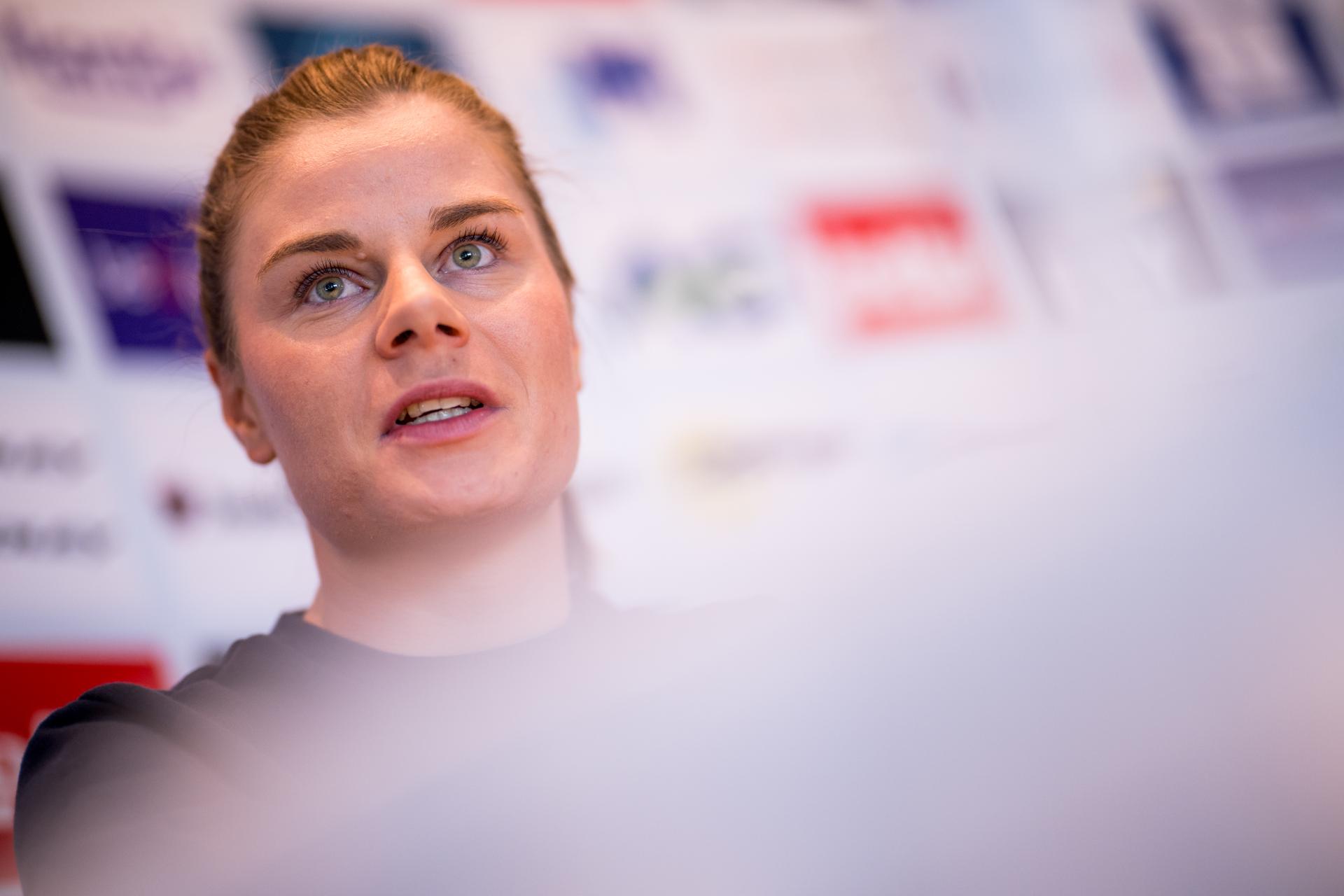Belgian Lotte Kopecky talks to the press during a press conference before the cycling World Championship, in Montreal, Canada, Friday 18 September 2026. The UCI road world championships are taking place from 20 to 27 September, in Montreal, Canada. BELGA PHOTO JASPER JACOBS