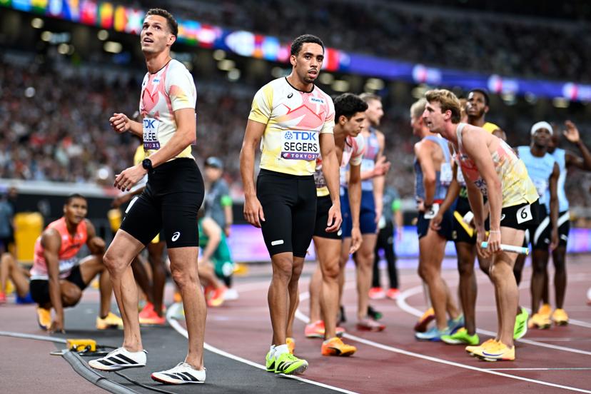 Belgian Dylan Borlee, Belgian Daniel Segers, Belgian Jonathan Sacoor and Belgian Alexander Doom pictured during the heats of the men's 4x400m relay race, at the World Athletics Championships in Tokyo, Japan, on Saturday 20 September 2025. The outdoor Worlds are taking place from 13 to 21 September. BELGA PHOTO JASPER JACOBS