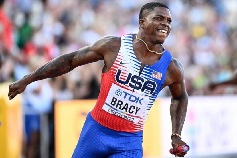USA's Marvin Bracy reacts after crossing the finish line to come in first in a heat of the men's 4x100m relay during the World Athletics Championships at Hayward Field in Eugene, Oregon on July 22, 2022.  Jewel SAMAD / AFP