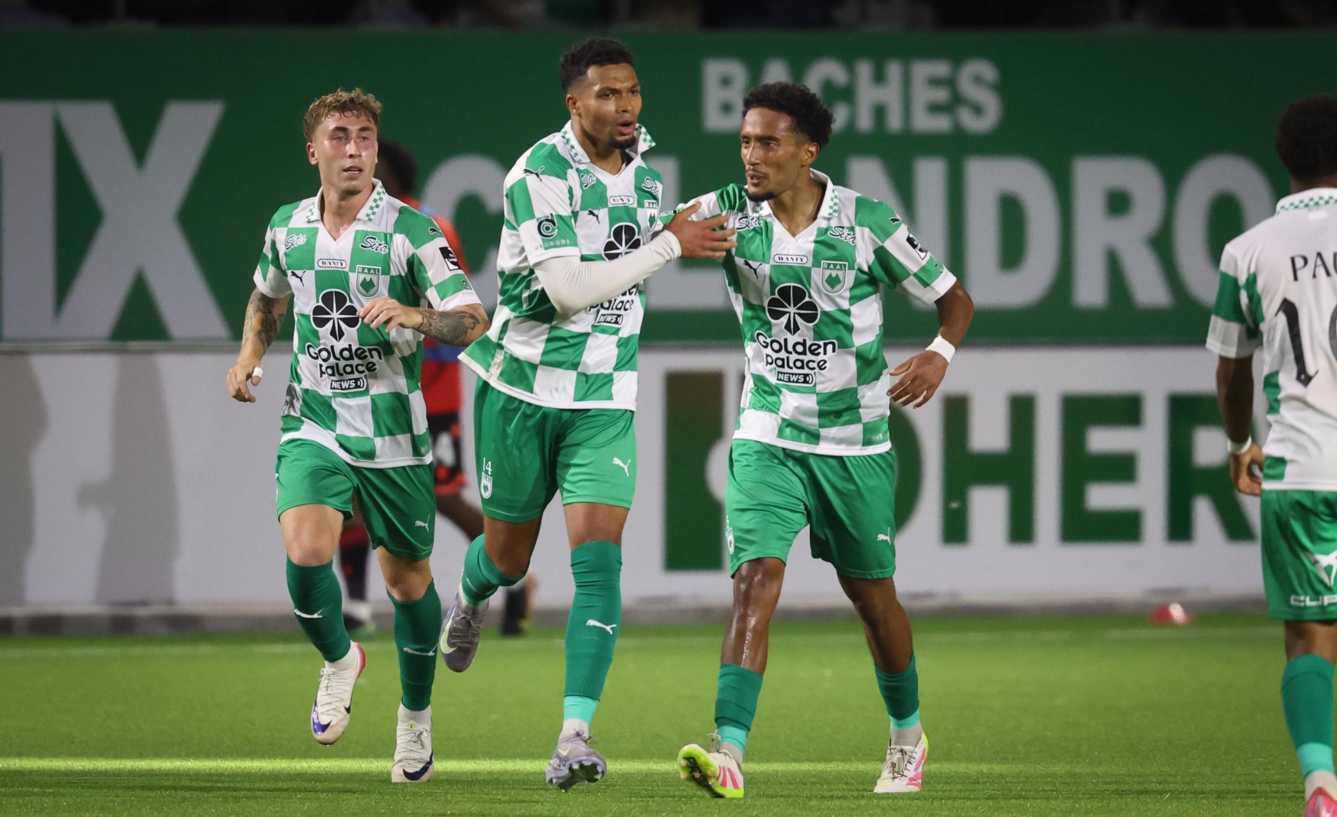 RAAL's Mouhamed Belkheir celebrates during a soccer match between RAAL La Louviere and Standard de Liege, Saturday 26 July 2025 in La Louviere, on day 1 of the 2025-2026 'Jupiler Pro League' first division of the Belgian championship. BELGA PHOTO VIRGINIE LEFOUR